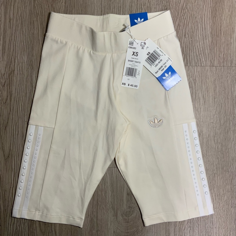 Adidas Women’s Trefoil Beige Stretch High Rise Short Tights Sz X-Small